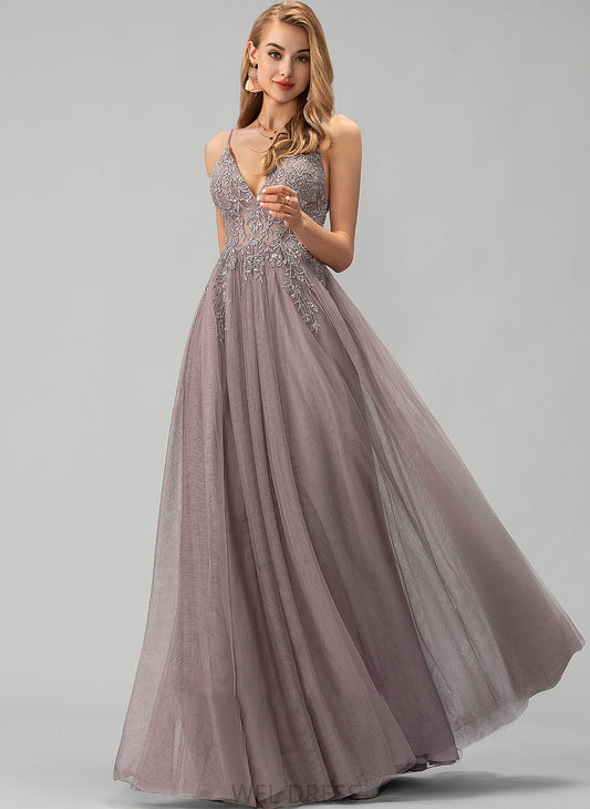 Beading Ball-Gown/Princess V-neck Sequins Front Split Lace Tulle Floor-Length Prom Dresses With Rayne