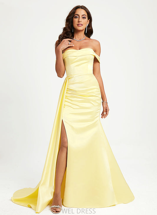 Off-the-Shoulder Ruffle Trumpet/Mermaid Satin Prom Dresses Nataly With Sweep Train