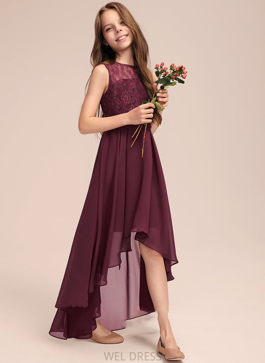Beatrice A-Line Scoop Junior Bridesmaid Dresses With Chiffon Bow(s) Lace Asymmetrical Neck