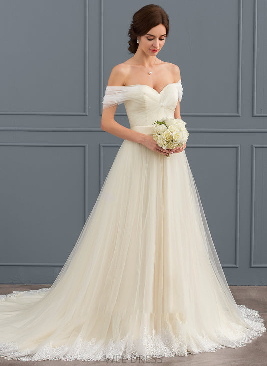 Court Ruffle Wedding Dresses Wedding Train Lace Dylan Tulle With Ball-Gown/Princess Off-the-Shoulder Dress