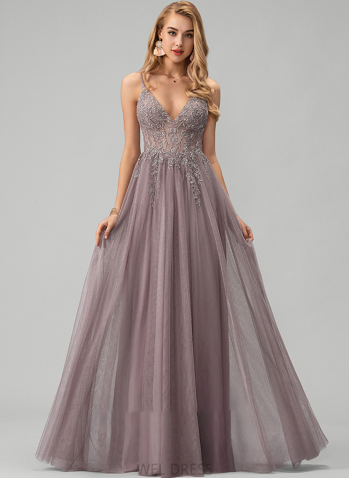 Beading Ball-Gown/Princess V-neck Sequins Front Split Lace Tulle Floor-Length Prom Dresses With Rayne