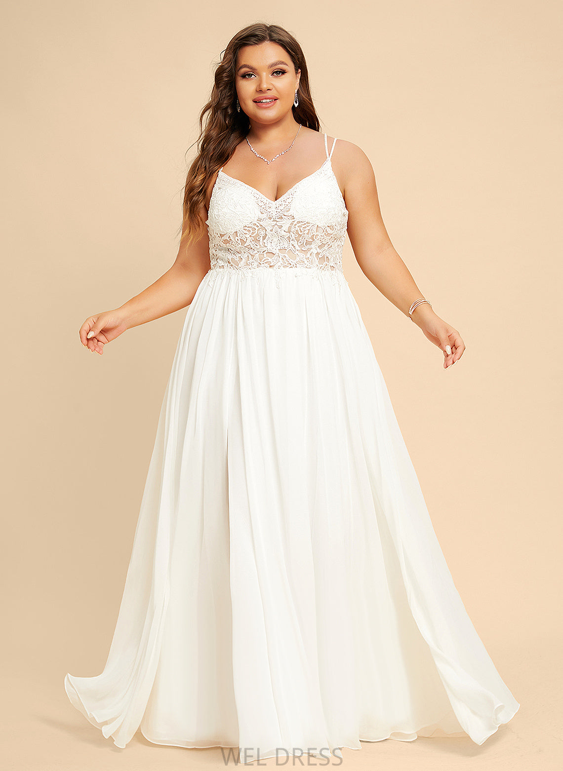 Beading Dress With Wedding V-neck Wedding Dresses Edith Chiffon Lace Floor-Length A-Line