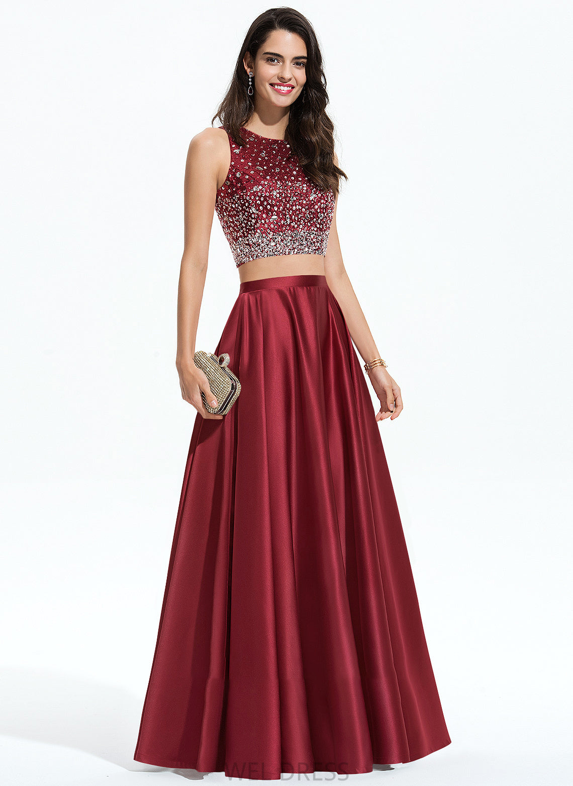 Prom Dresses Satin Scoop Sequins With Beading Floor-Length A-Line Joy Neck