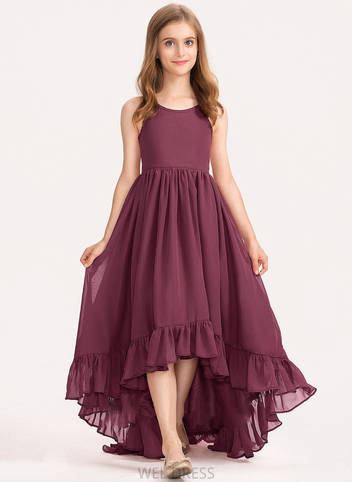 With A-Line Cascading Victoria Neck Junior Bridesmaid Dresses Chiffon Ruffles Scoop Asymmetrical Bow(s)