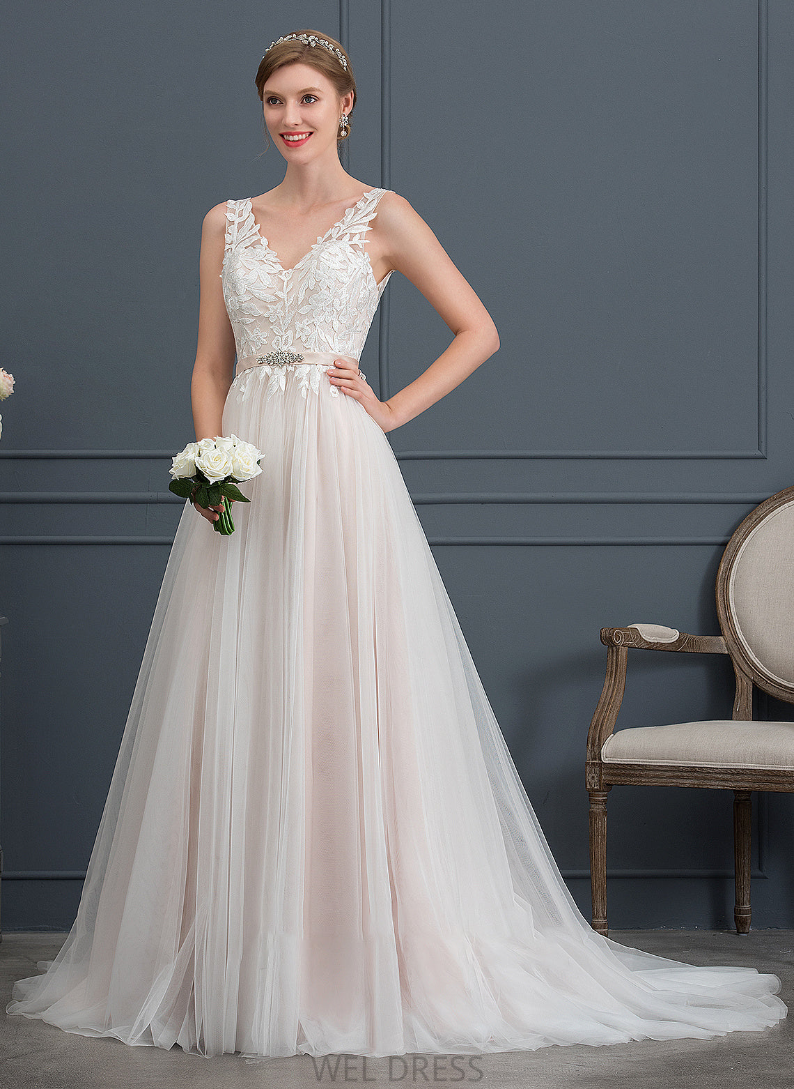 Train Tulle A-Line V-neck Liberty Beading Court With Dress Wedding Dresses Wedding