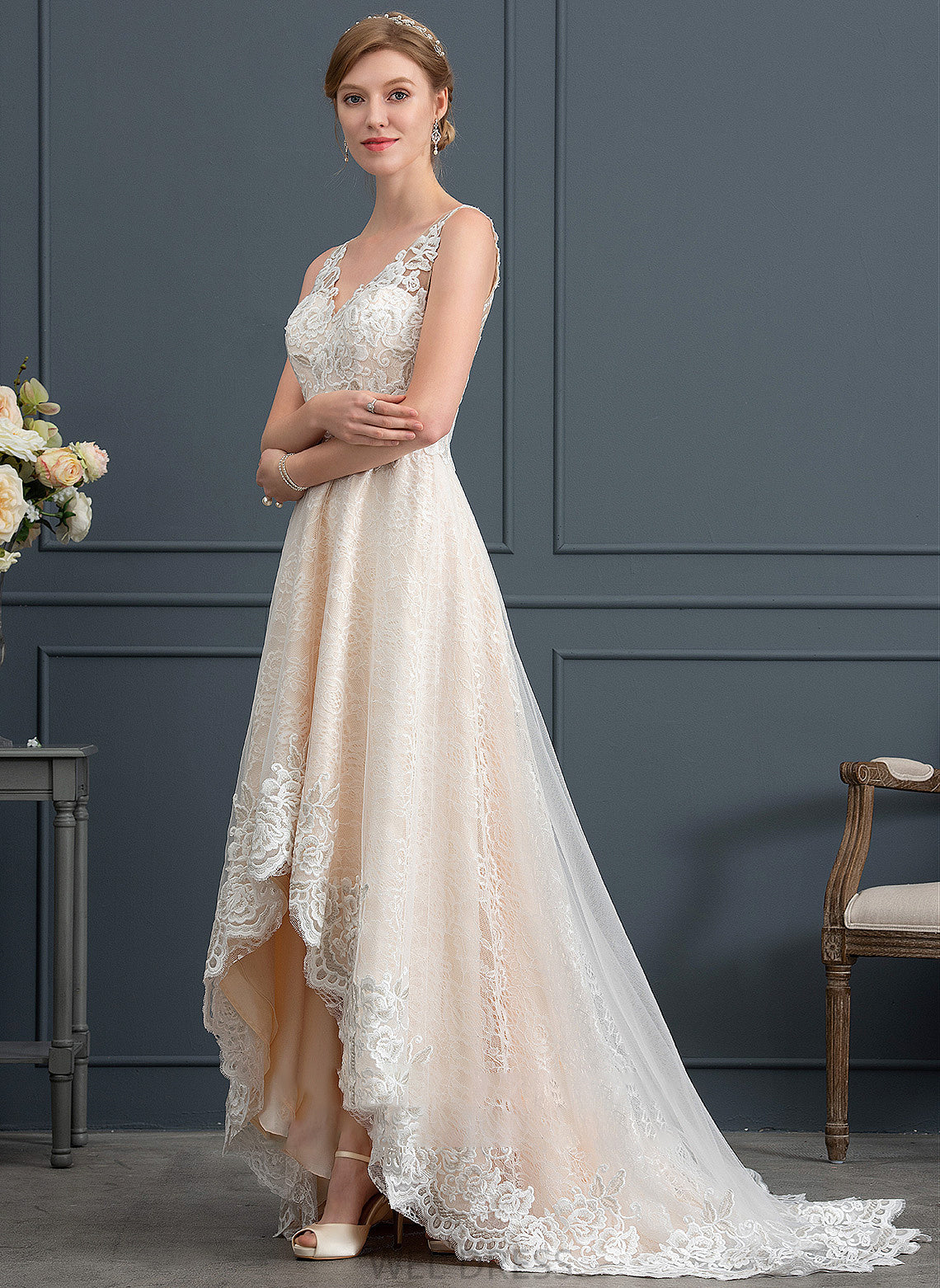 A-Line V-neck Dress Lace Camila With Tulle Wedding Dresses Wedding Asymmetrical