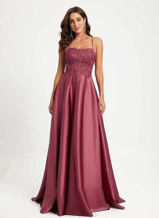 Prom Dresses Square Neckline Sequins With Train Satin Sweep A-Line Rebekah Beading