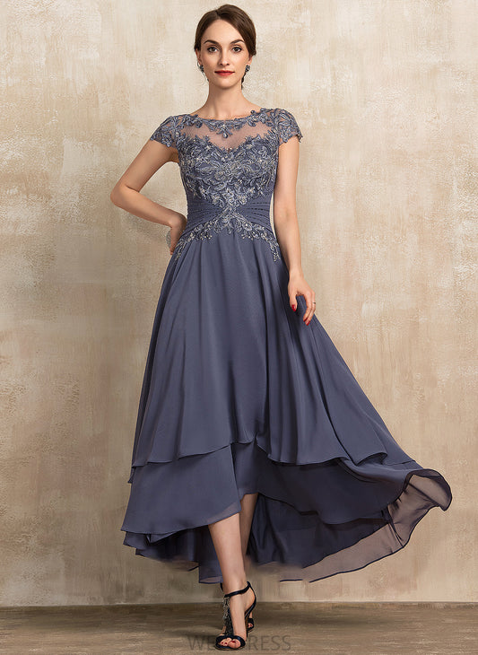 Beading the With Asymmetrical Dress Scoop Mother of the Bride Dresses of Mother Lace Neck Diamond Bride Chiffon A-Line