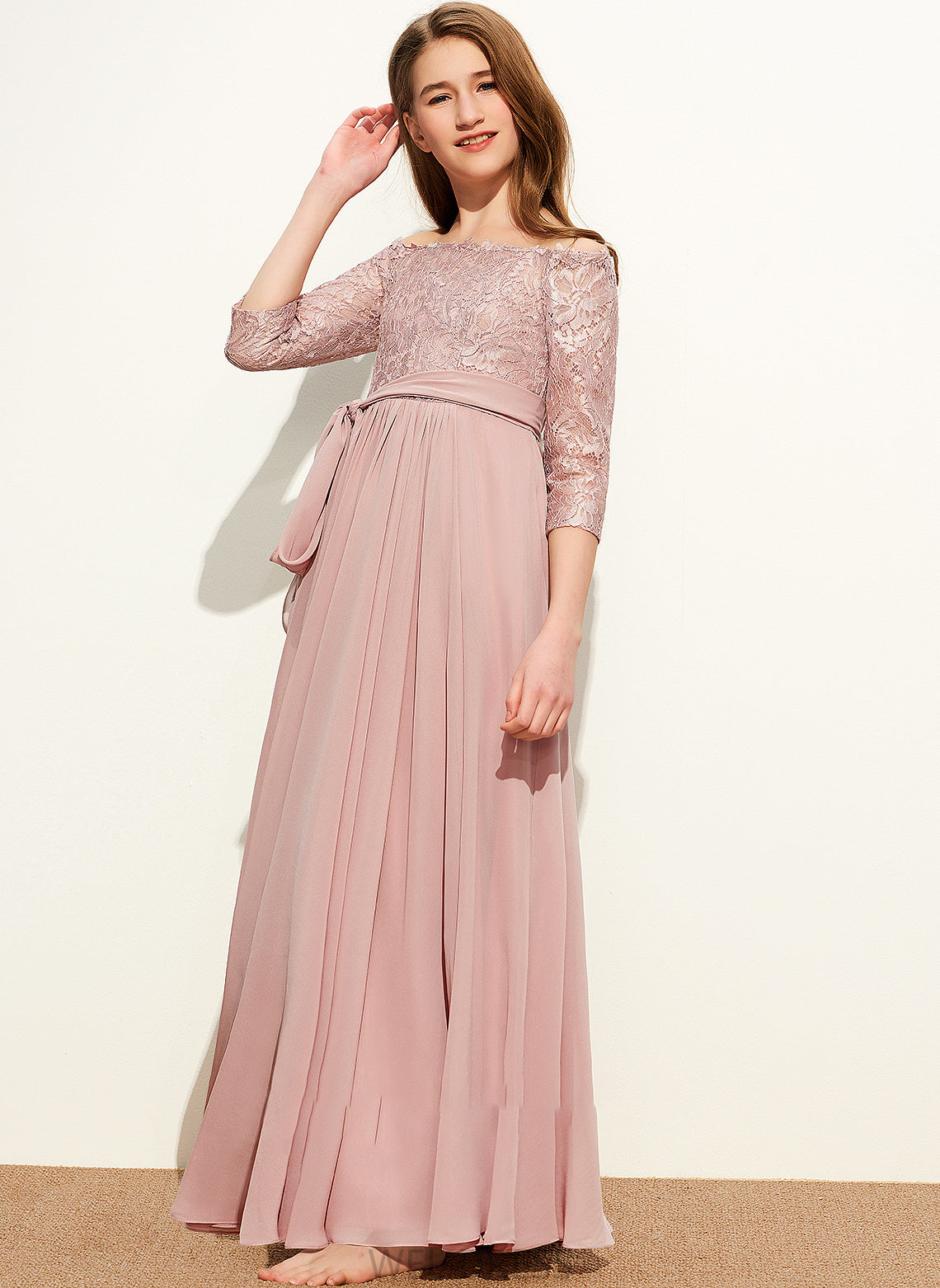 With Chiffon Audrina Floor-Length Lace Bow(s) A-Line Junior Bridesmaid Dresses Off-the-Shoulder