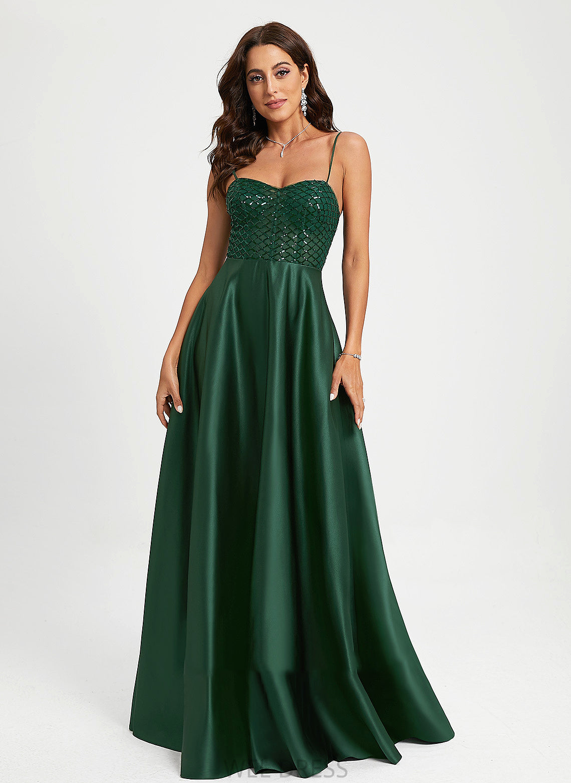 With Sweetheart Satin A-Line Keira Sequins Floor-Length Prom Dresses