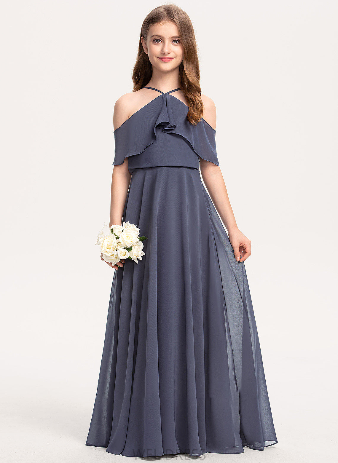 Cascading A-Line Floor-Length Junior Bridesmaid Dresses With Off-the-Shoulder Alena Chiffon Ruffles