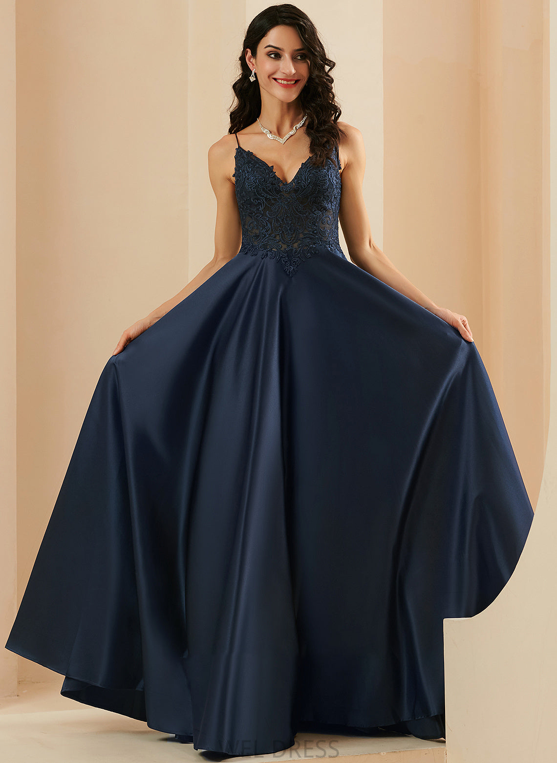 Floor-Length Satin Lace V-neck With Brittany A-Line Prom Dresses