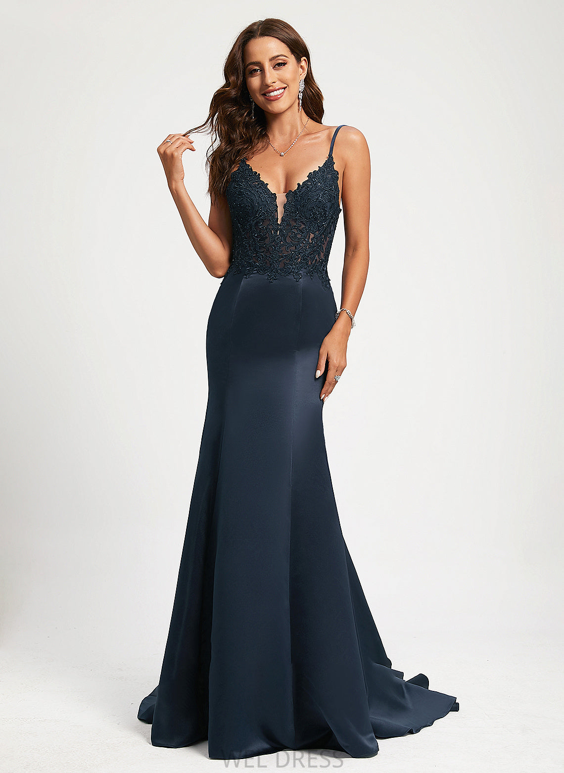 Lydia Lace Satin Prom Dresses V-neck With Trumpet/Mermaid Sweep Train Sequins