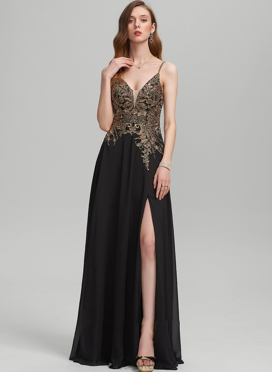 Lace Chiffon Prom Dresses Split With Sequins Floor-Length V-neck A-Line Lydia Front