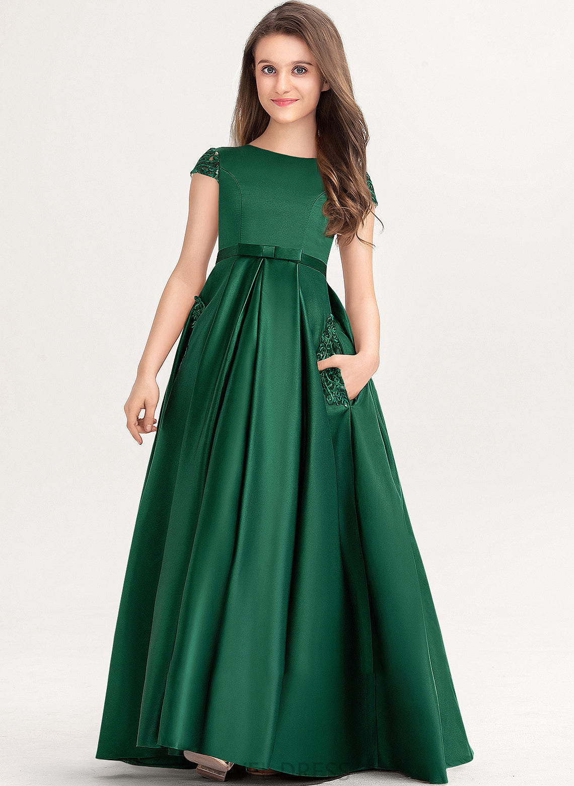Scoop Ball-Gown/Princess Junior Bridesmaid Dresses Pockets Lace Satin Floor-Length With Neck Bow(s) Jamya