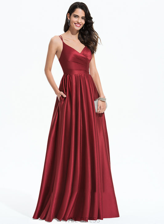 Satin With Prom Dresses Karly Pockets Ruffle V-neck Floor-Length A-Line