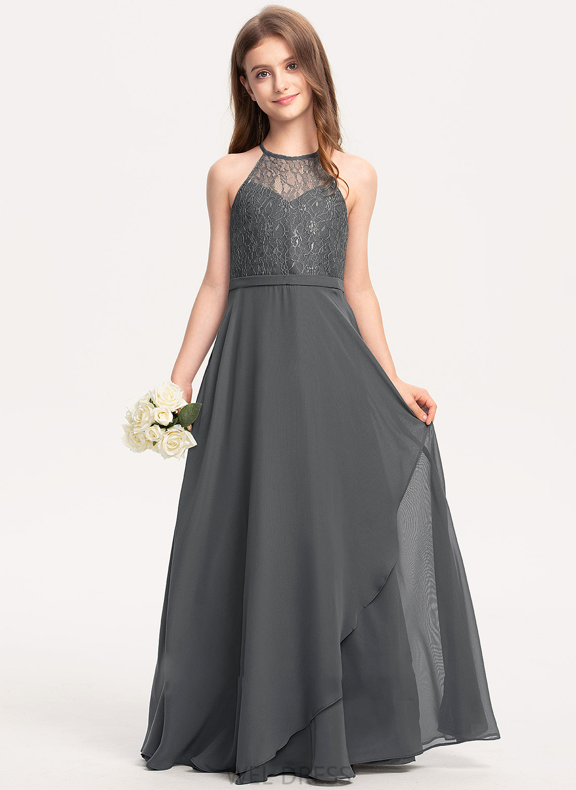 Floor-Length Cascading Lace Scoop Chiffon With A-Line Neck Jazlyn Junior Bridesmaid Dresses Ruffles