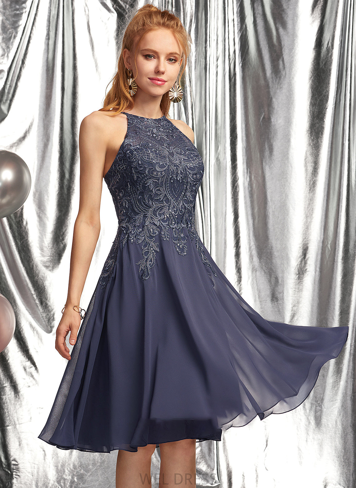 With Neck Chiffon Carlie Appliques Prom Dresses Knee-Length Scoop A-Line Lace