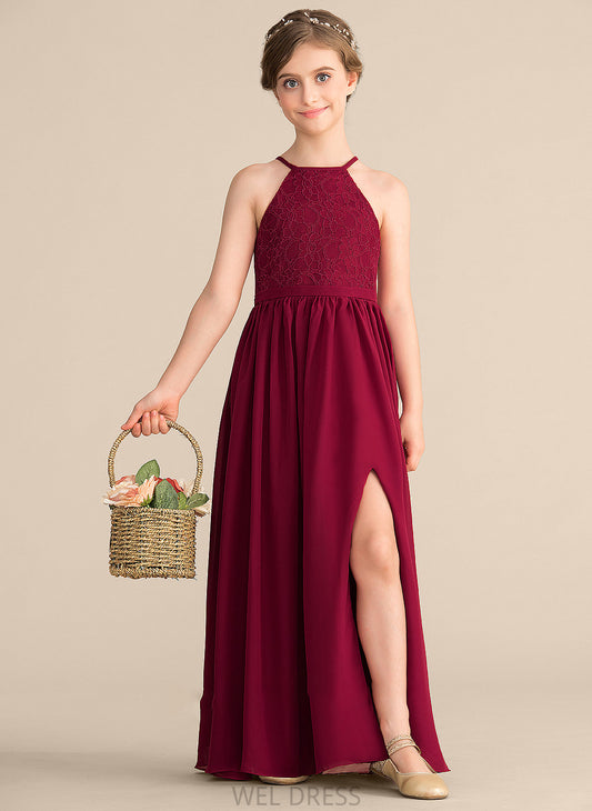 A-Line Junior Bridesmaid Dresses Lace With Floor-Length Split Chiffon Front Scoop Marin Neck