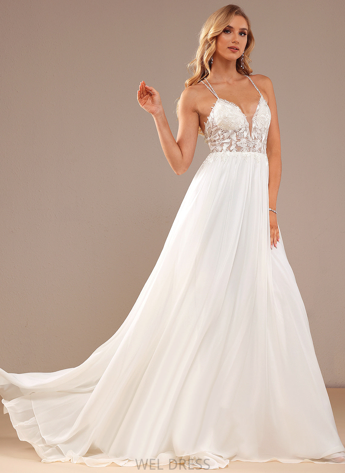 Wedding Train Wedding Dresses Dress Sequins Lace Polly V-neck With Beading Chiffon A-Line Sweep