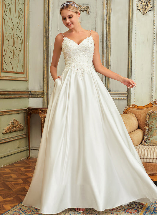 Ball-Gown/Princess Wedding Dresses With Kennedy Satin Lace Sequins V-neck Lace Pockets Train Dress Beading Wedding Sweep