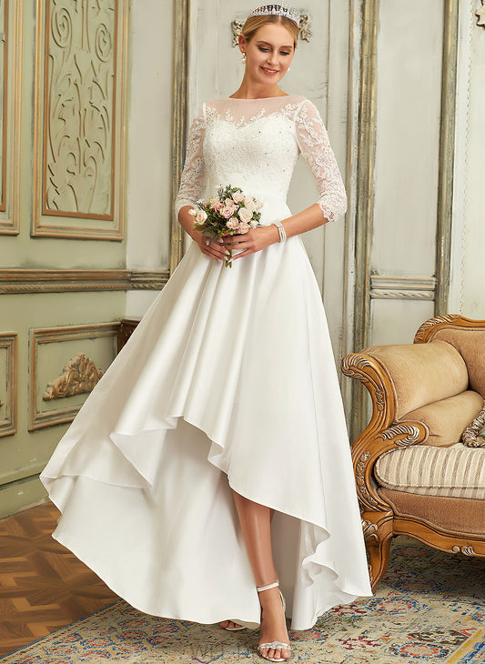 Dress Neck Asymmetrical Lace Scoop Janessa A-Line Satin Wedding Dresses Wedding