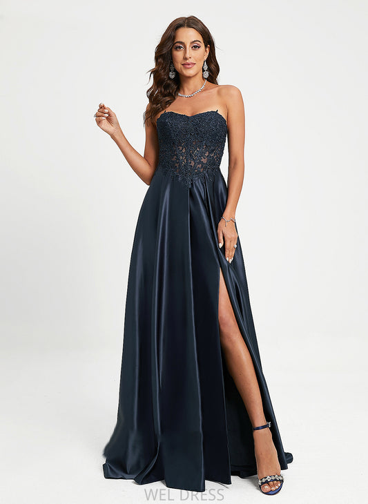 Belen Lace Sweetheart Prom Dresses Train Satin With A-Line Sweep