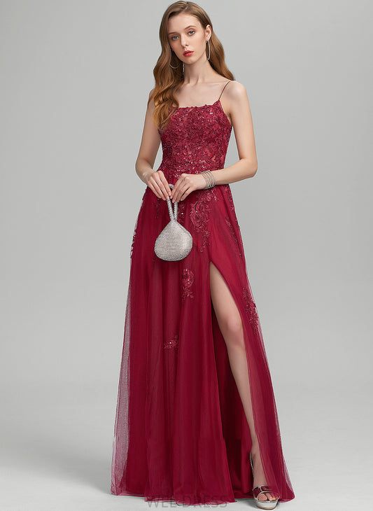Floor-Length Neckline Split With Square A-Line Prom Dresses Front Alyson Tulle Sequins