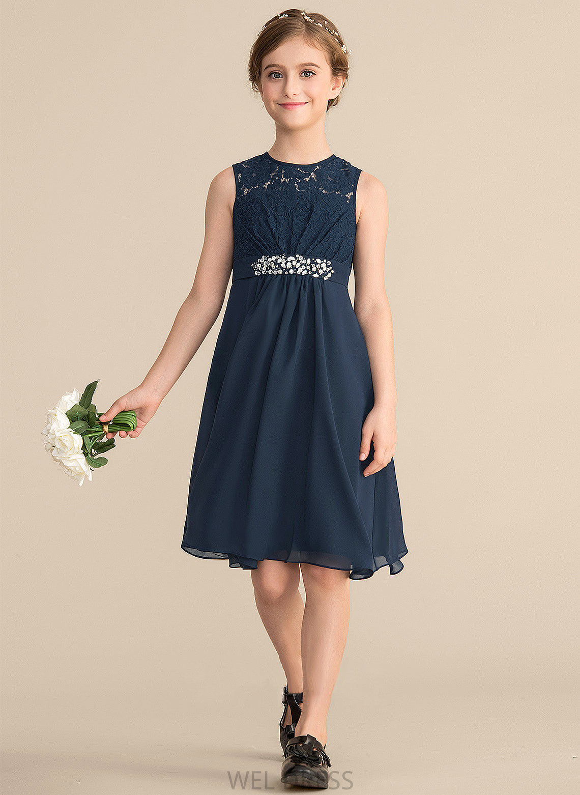 Bow(s) Chiffon Neck A-Line Beading With Hayley Knee-Length Lace Scoop Sequins Junior Bridesmaid Dresses