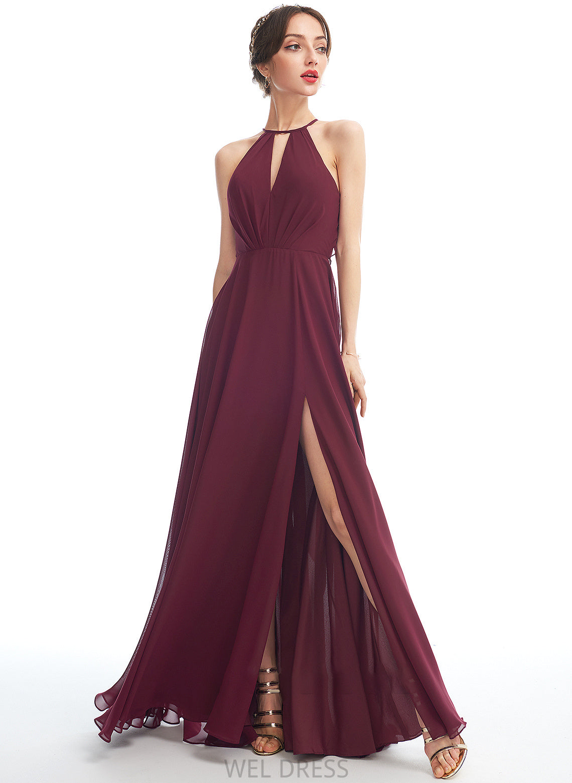Floor-Length SplitFront Embellishment Neckline Length Silhouette Halter A-Line Fabric Giovanna Sleeveless Natural Waist