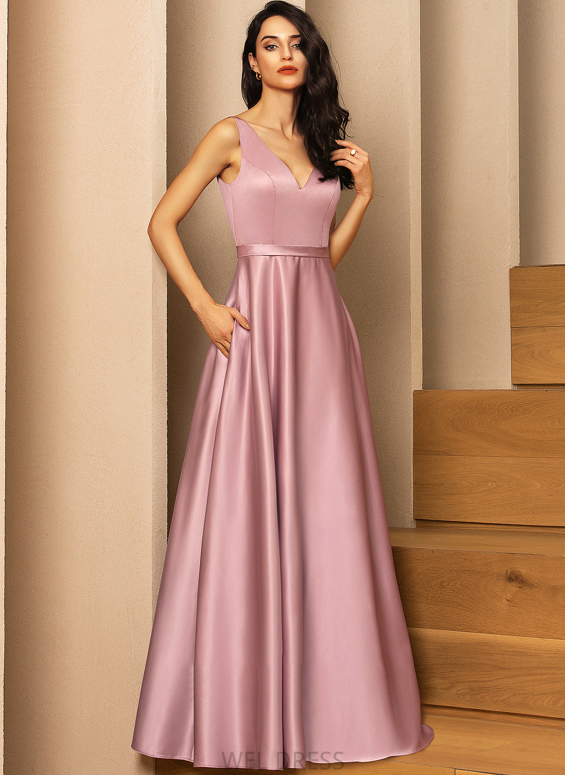 Prom Dresses Floor-Length Ball-Gown/Princess Jimena V-neck Pockets Satin With