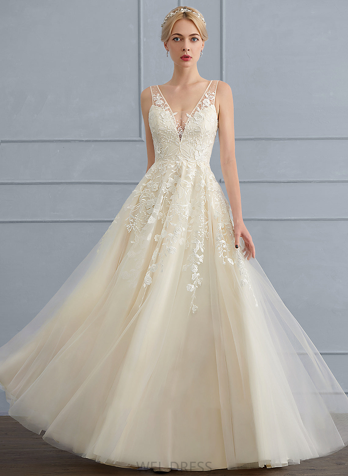 Tulle Wedding Dresses A-Line Floor-Length Dress Beading With Sequins Wedding V-neck Charlize
