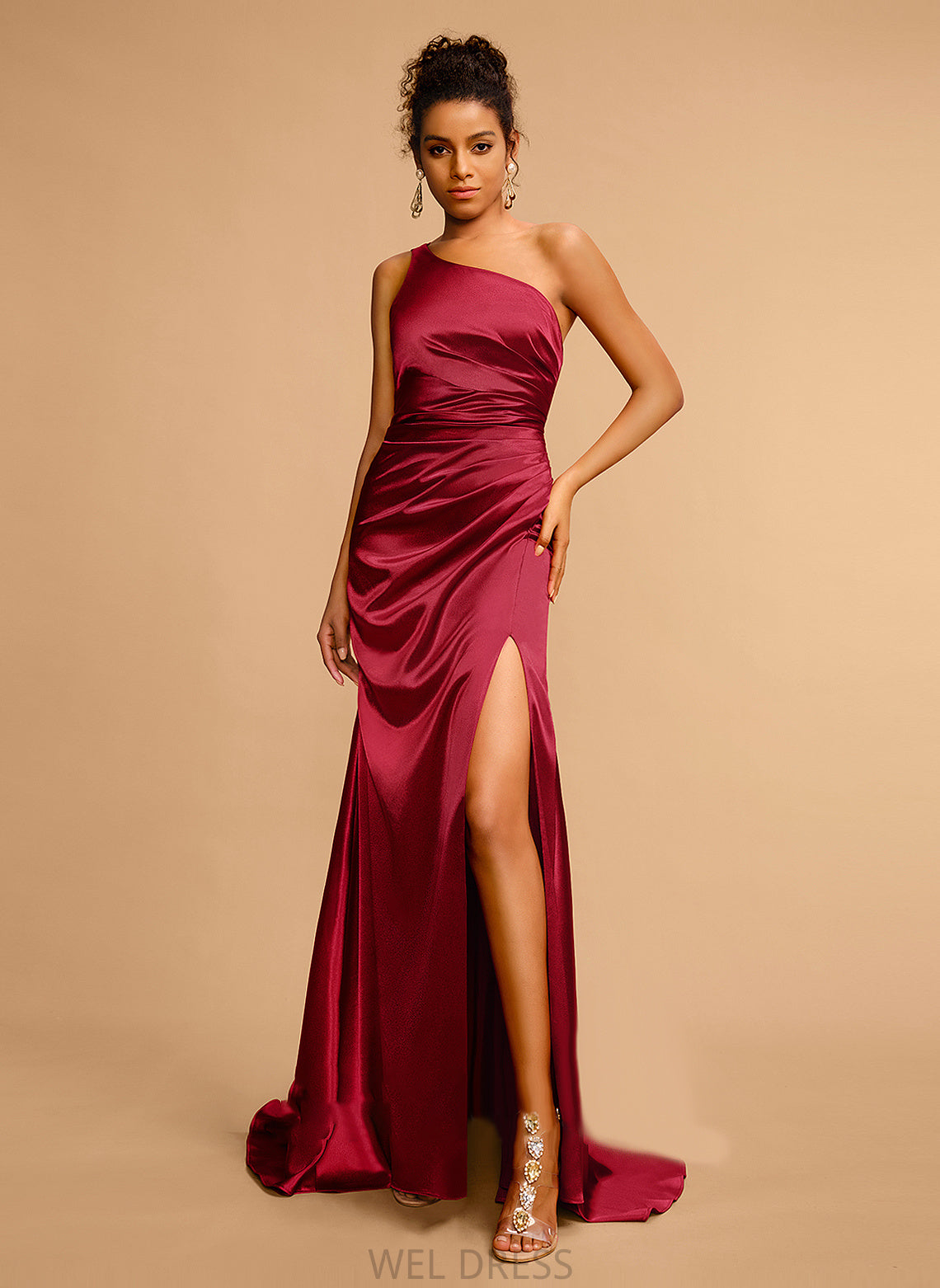 Prom Dresses With Sheath/Column Train Kira Sweep Split One-Shoulder Front Satin Pleated