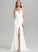Sheath/Column Crepe Train Wedding Dress Front Split Wedding Dresses Joy With Stretch Bow(s) V-neck Sweep
