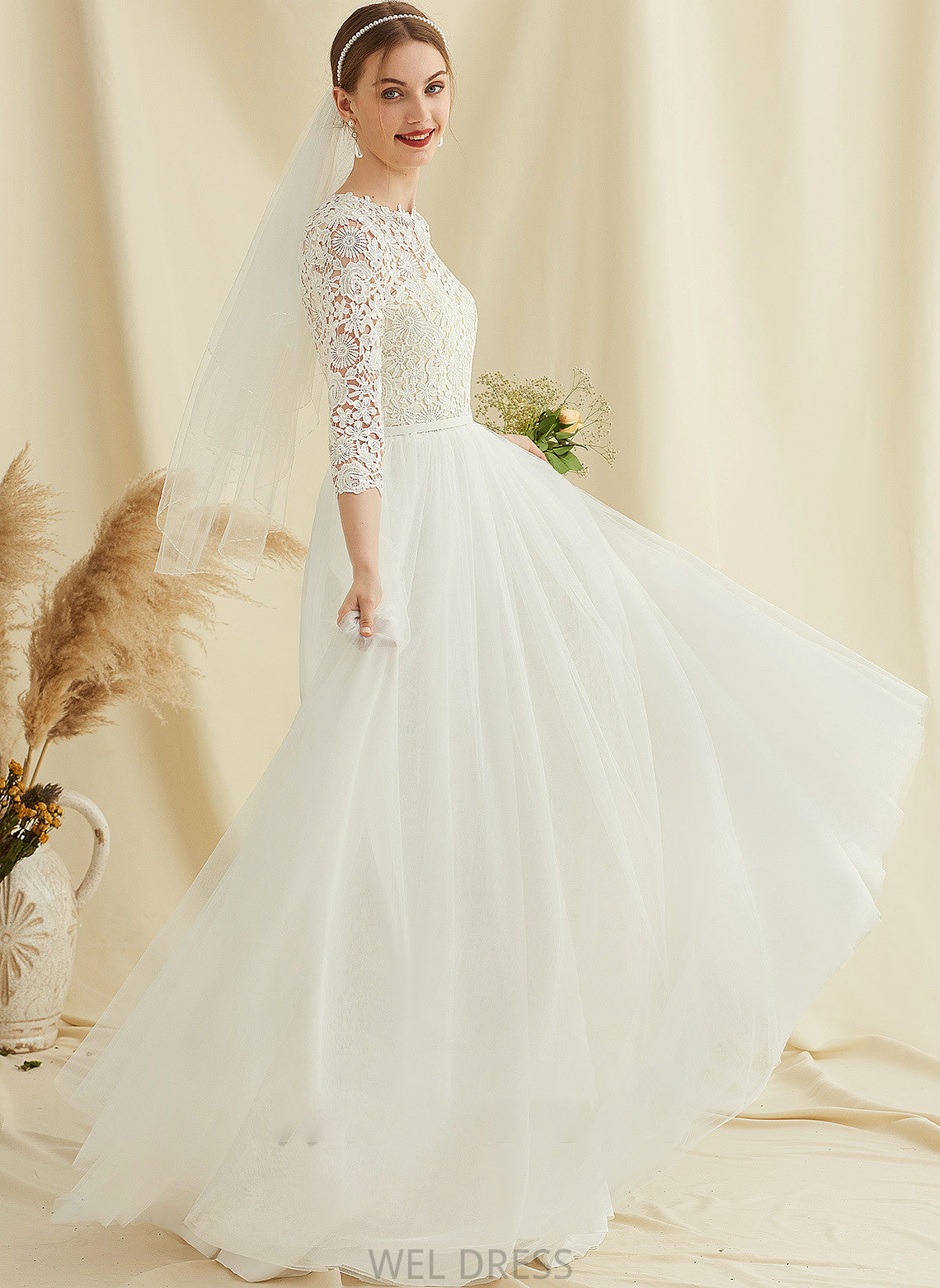 Wedding Scoop A-Line Lace Wedding Dresses Dress Neck Tulle Sweep Train Catherine