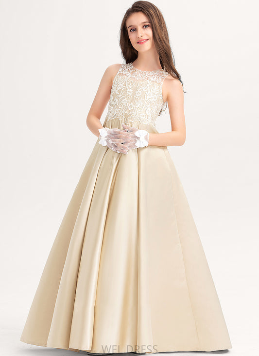 Satin Scoop Natalia Lace Neck Floor-Length Junior Bridesmaid Dresses Ball-Gown/Princess