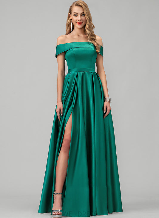 Satin Prom Dresses Pockets Floor-Length Ball-Gown/Princess Split Jazlyn With Off-the-Shoulder Front