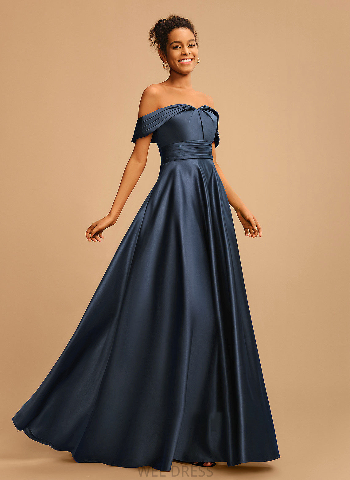 Floor-Length Prom Dresses Annabelle With A-Line Off-the-Shoulder Satin Pleated
