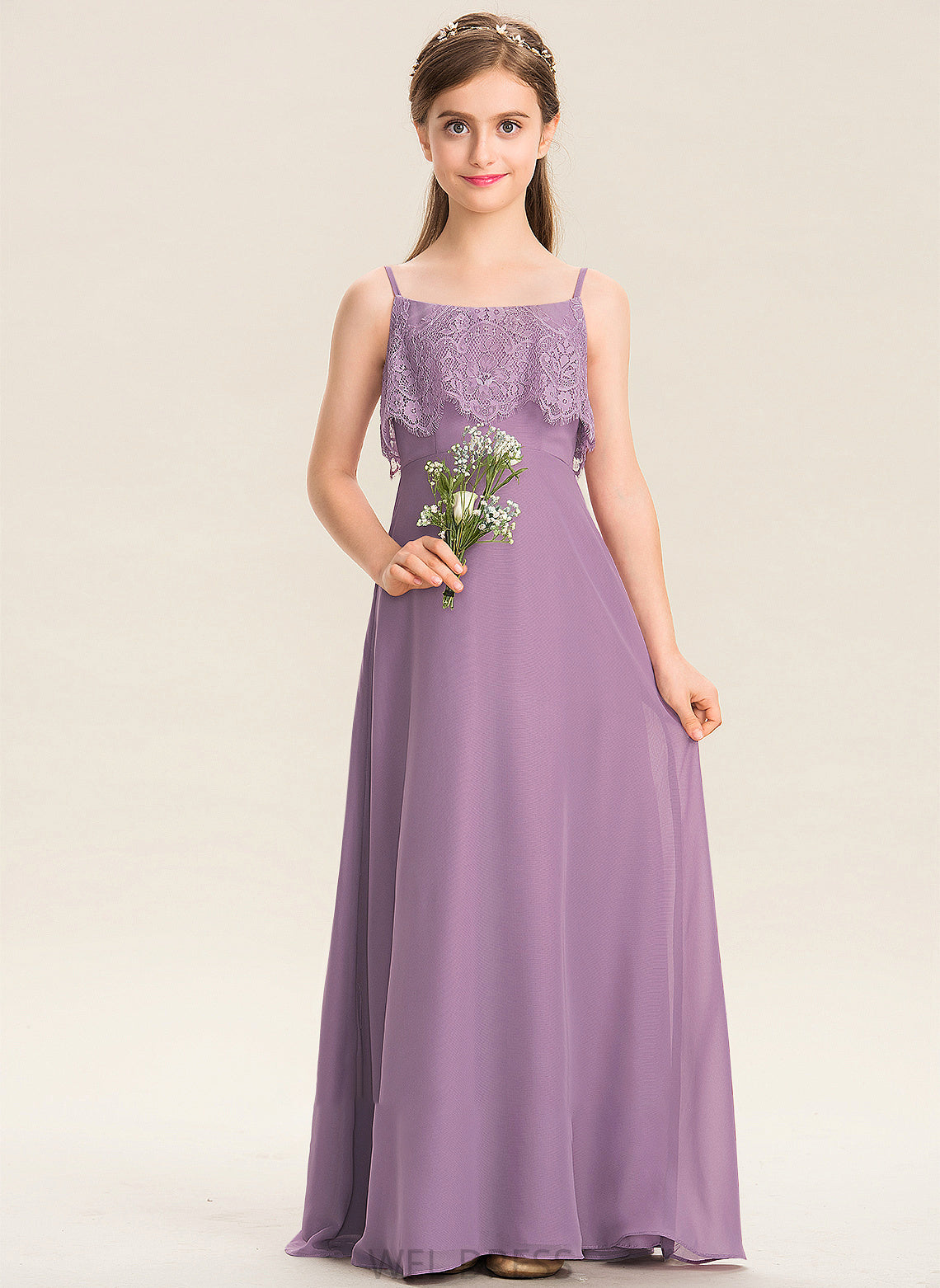 Square Floor-Length Lace Angeline Neckline A-Line Chiffon Junior Bridesmaid Dresses