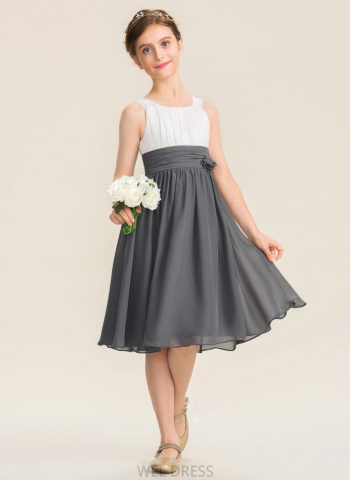 Flower(s) A-Line Junior Bridesmaid Dresses Ruffle Knee-Length Scoop With Chiffon Neck Courtney