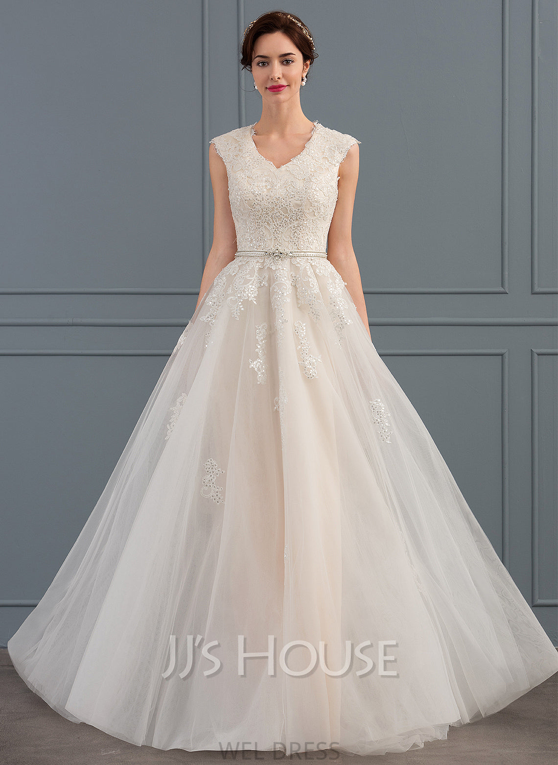 Sequins Tulle Bow(s) Wedding Dresses V-neck Audrina Wedding With Sweep Beading Train Dress A-Line