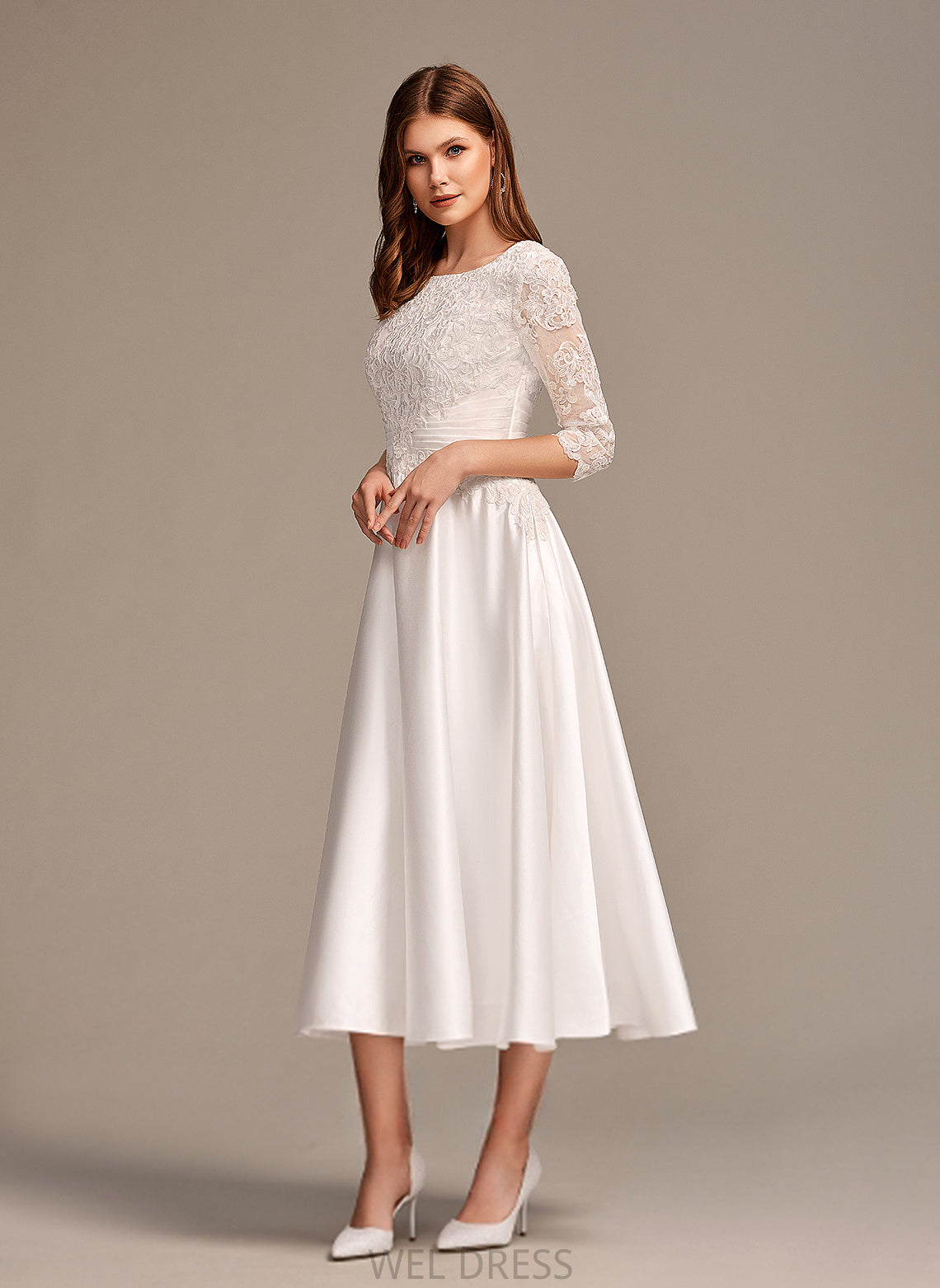 A-Line Satin Dress Lace Wedding Wedding Dresses Tea-Length Alessandra Scoop