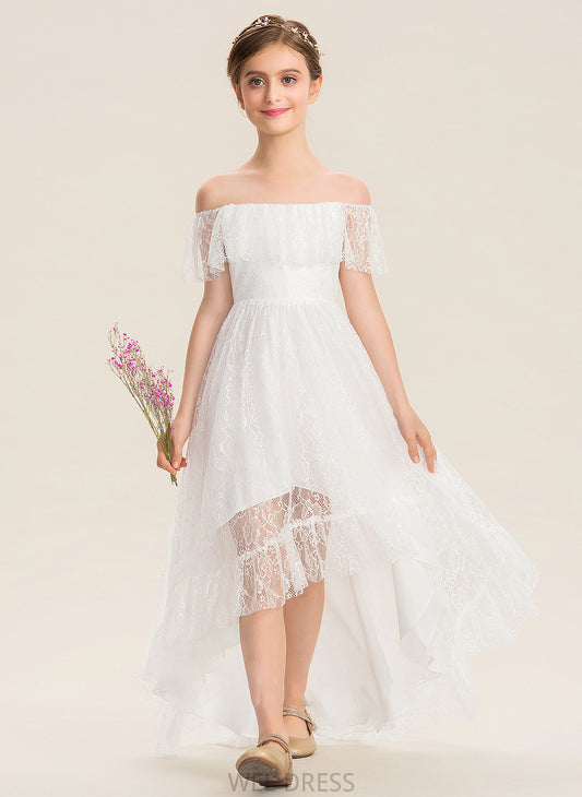 Jasmine Asymmetrical Off-the-Shoulder Junior Bridesmaid Dresses A-Line Lace