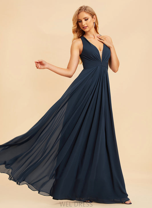 Floor-Length Length Fabric A-Line Neckline Embellishment V-neck Ruffle Silhouette Salome Spaghetti Staps Sleeveless Bridesmaid Dresses