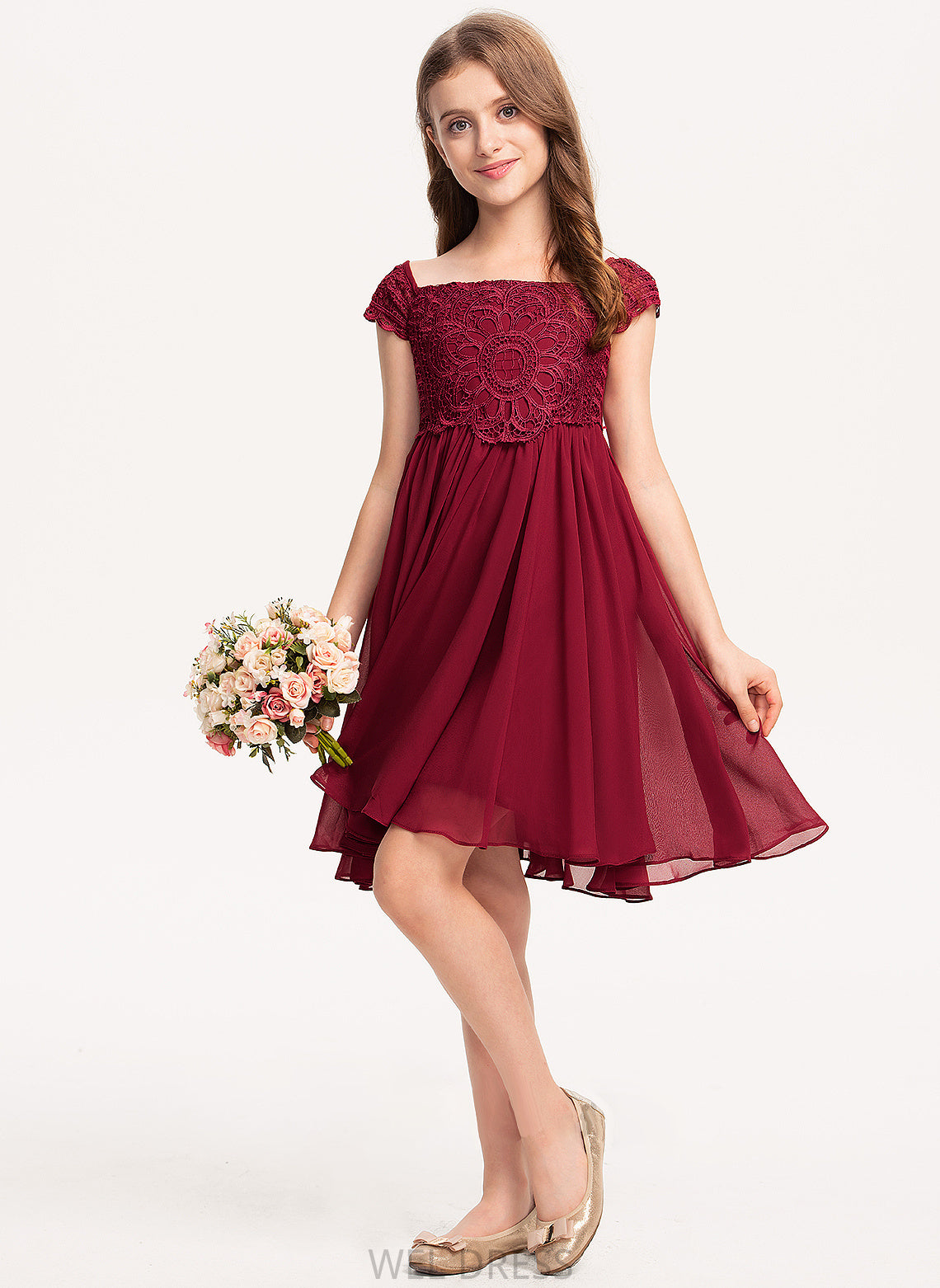 Knee-Length With Chiffon Junior Bridesmaid Dresses Bow(s) A-Line Lace Off-the-Shoulder Joslyn