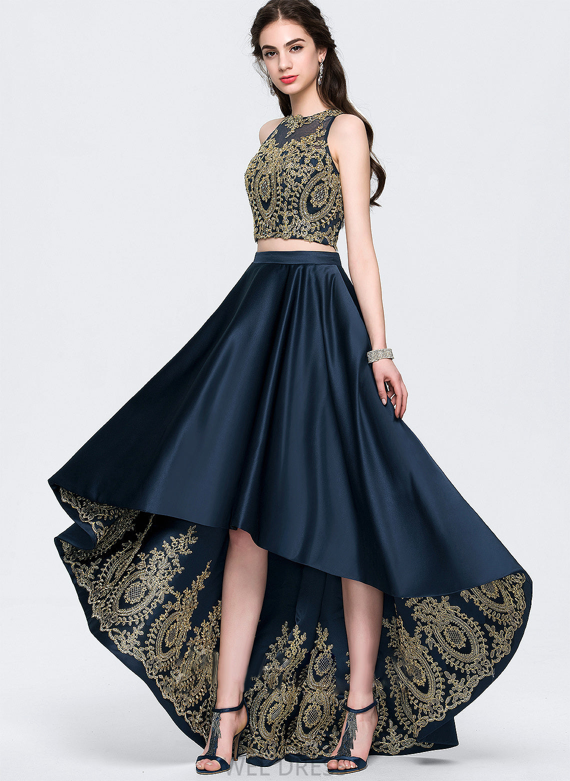 Asymmetrical Scoop Beading Emerson Satin With A-Line Lace Sequins Prom Dresses Neck
