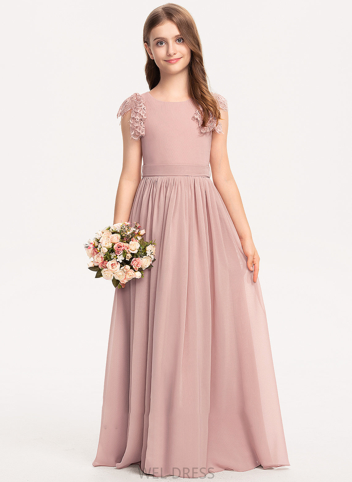 Chiffon Bow(s) Neck Junior Bridesmaid Dresses Floor-Length With A-Line Lace Miracle Scoop