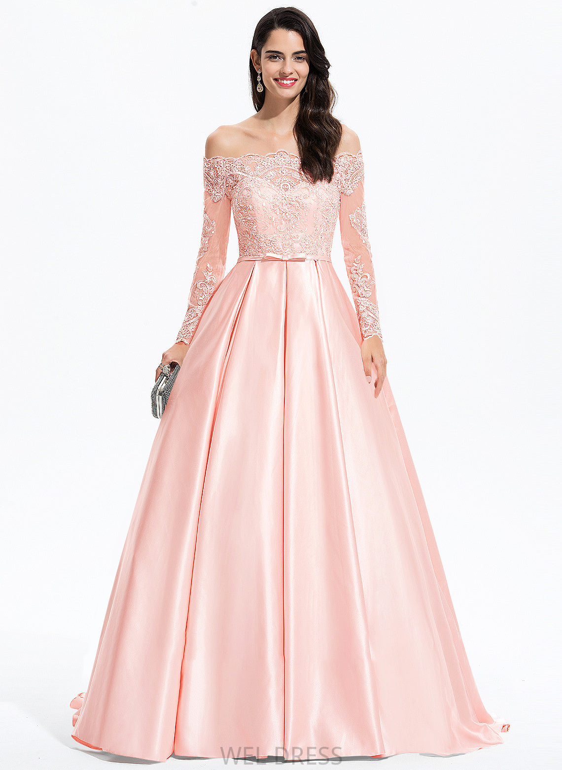 Irene Ball-Gown/Princess Prom Dresses Sweep Bow(s) With Satin Train Off-the-Shoulder