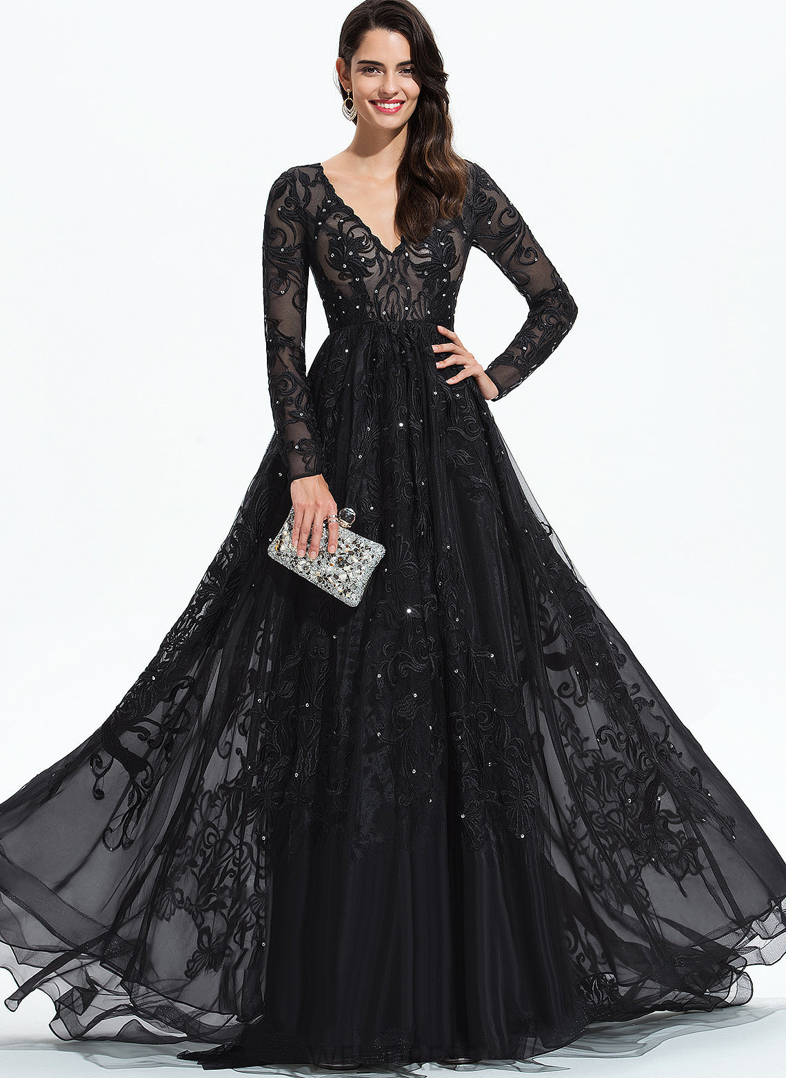 Tulle Prom Dresses Sequins Train Lace Ball-Gown/Princess V-neck Sweep With Miah
