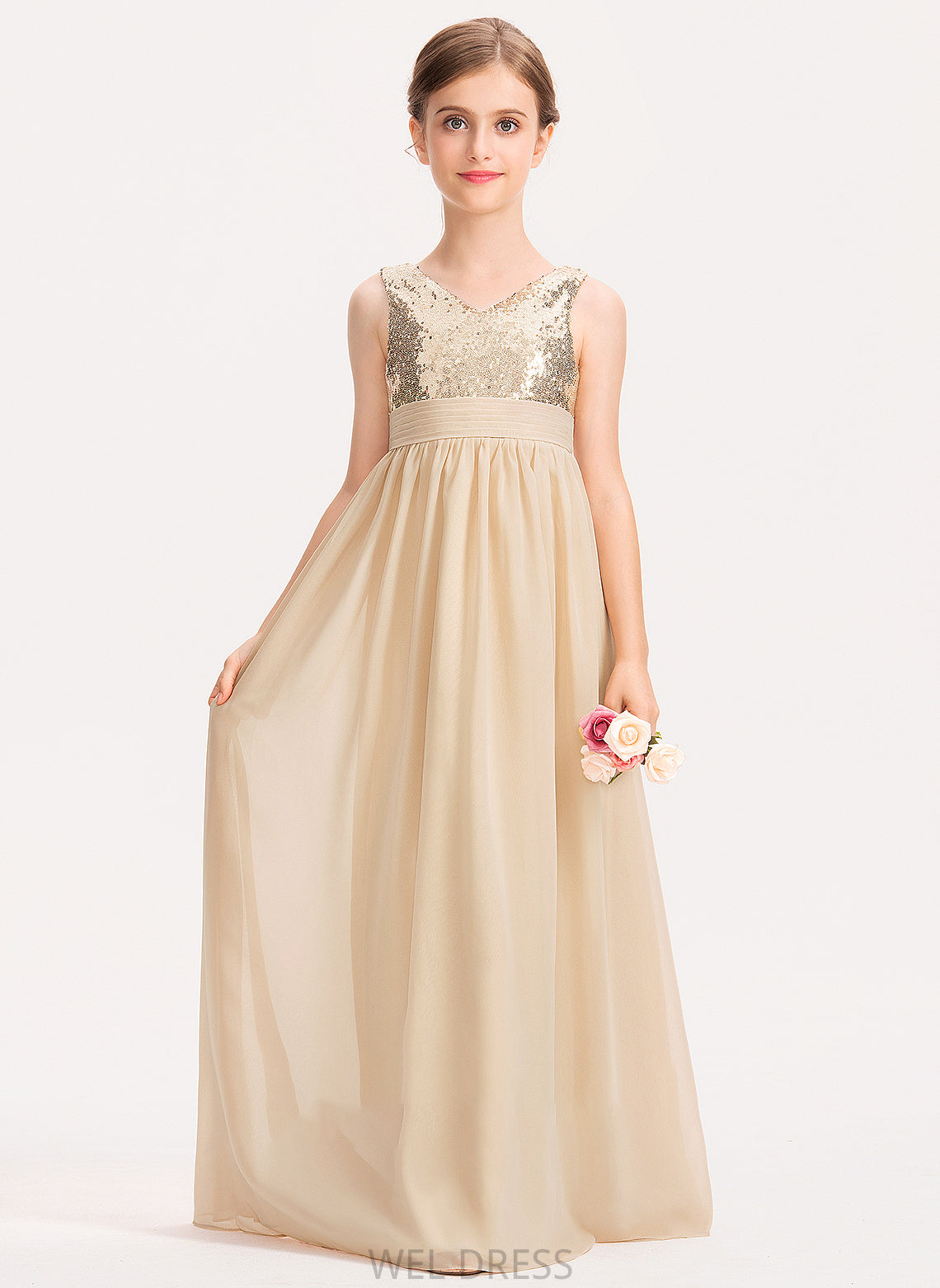 Floor-Length Norah Chiffon V-neck Junior Bridesmaid Dresses Sequined Ruffle A-Line With